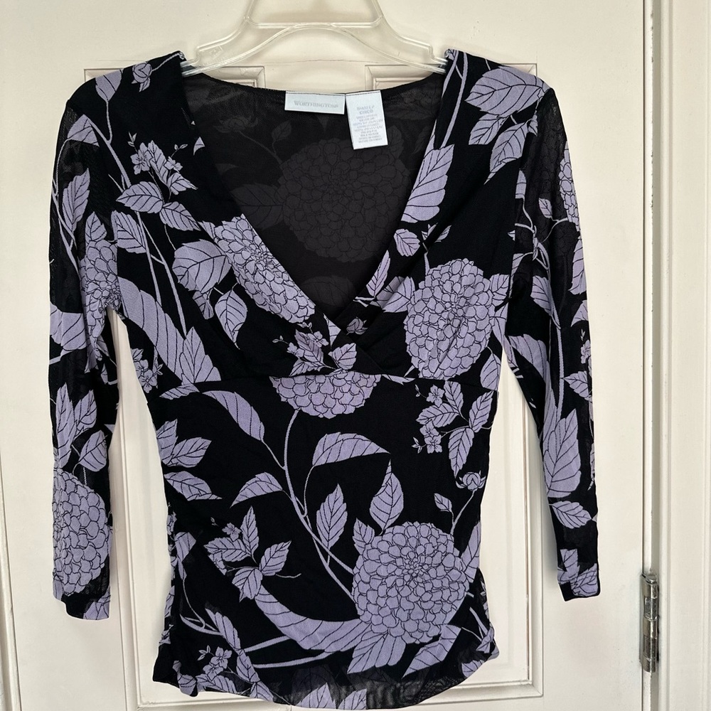 Worthington Lavendar And Black Blouse With Sheer Sleeves Sz Small